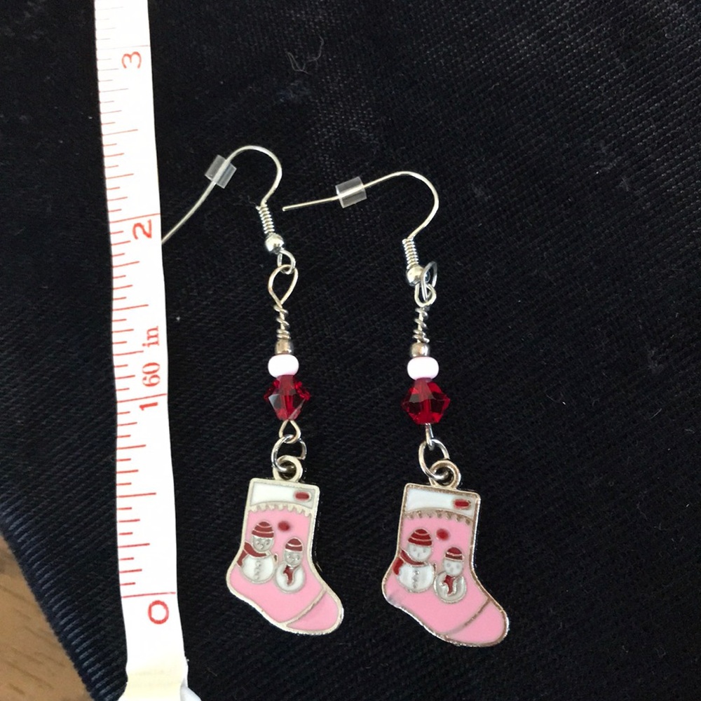 Handmade pink Christmas stocking earrings